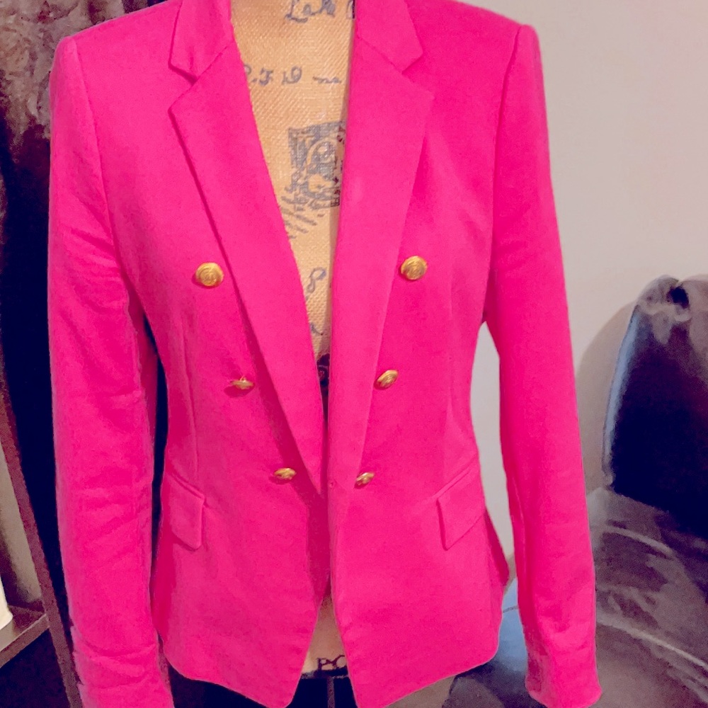 Hot pink Zara blazer with gold buttons.
